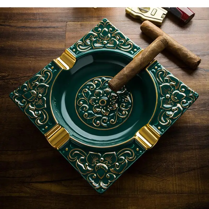 

Luxury Ceramic Cigar Ashtray Craft Carving Living Room Anti-fly Ash Storage Home Decoration Accessories