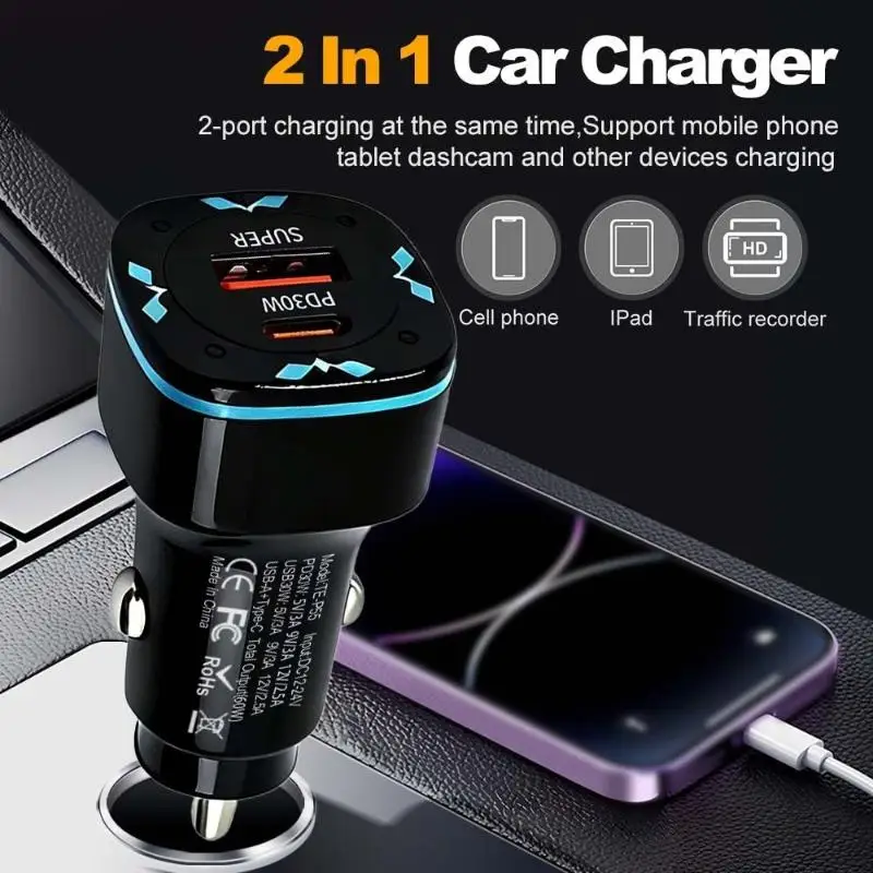 Car Charger 60W USB C Fast Charger PD30W QC3.0 Adapter Dual Port Quick Charge Cigarette Lighter Kit For Mobile Phones Tablets
