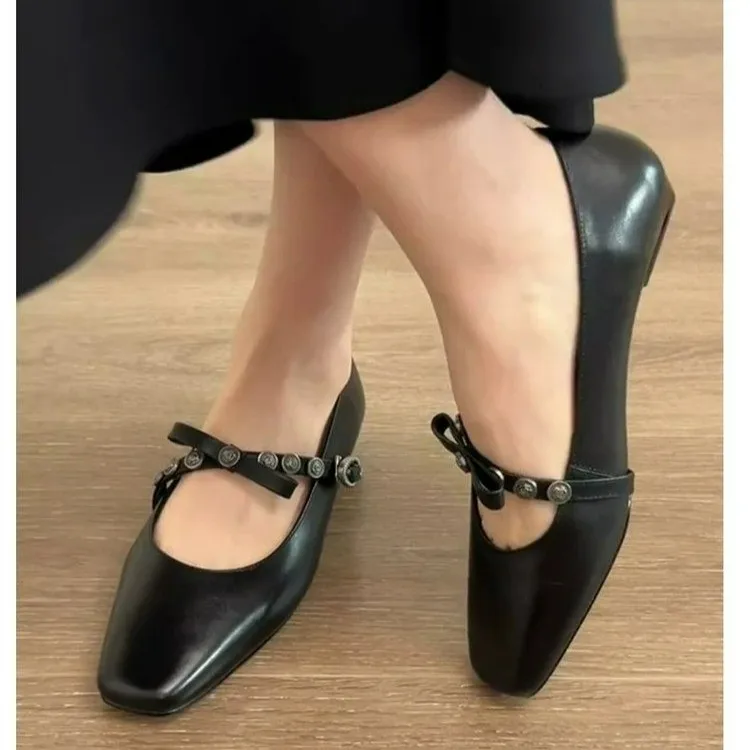French-style Bow Square-toe Chunky-heel Mary Jane Shoes for Women 2026 Spring/Summer New One-strap Commuting Loafers