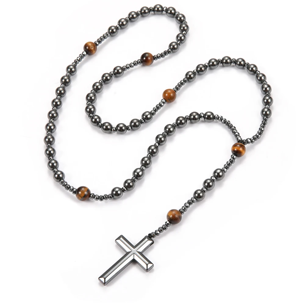 Black Hematite Round Beads Yellow Tiger-eye Stone Cross Pendant Necklace for Men and Women