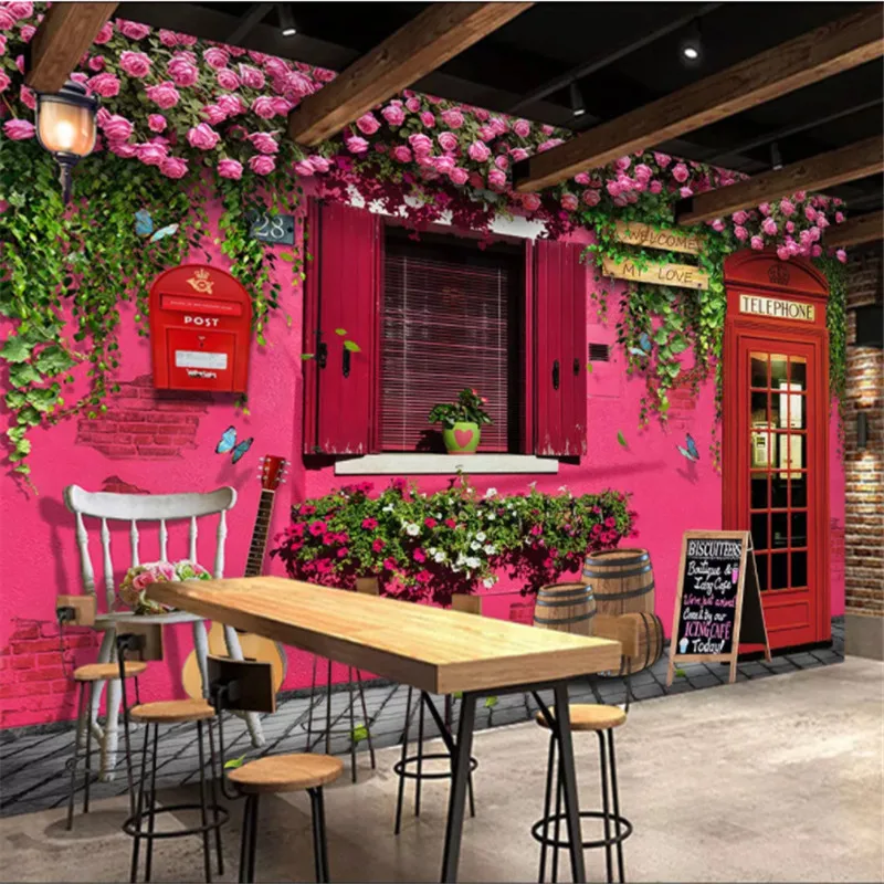 London red theme personality cafe phone booth roses background floral wall papers home decor cafe restaurant mural wallpaper 3D