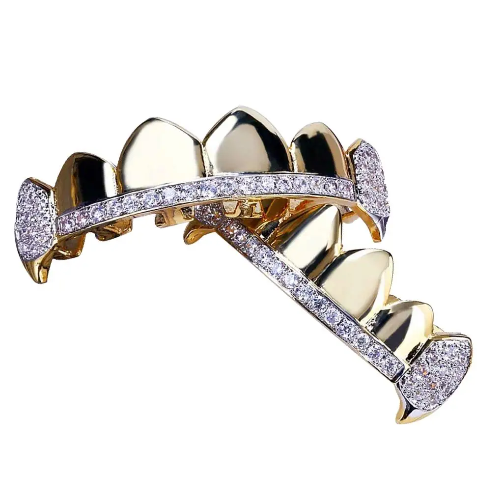 Vampire Accessories 18k Gold Plated Teeth Grills Zircon Fangs Top and Bottom Mouth Set with Free Mold Kit for Cosplay Events