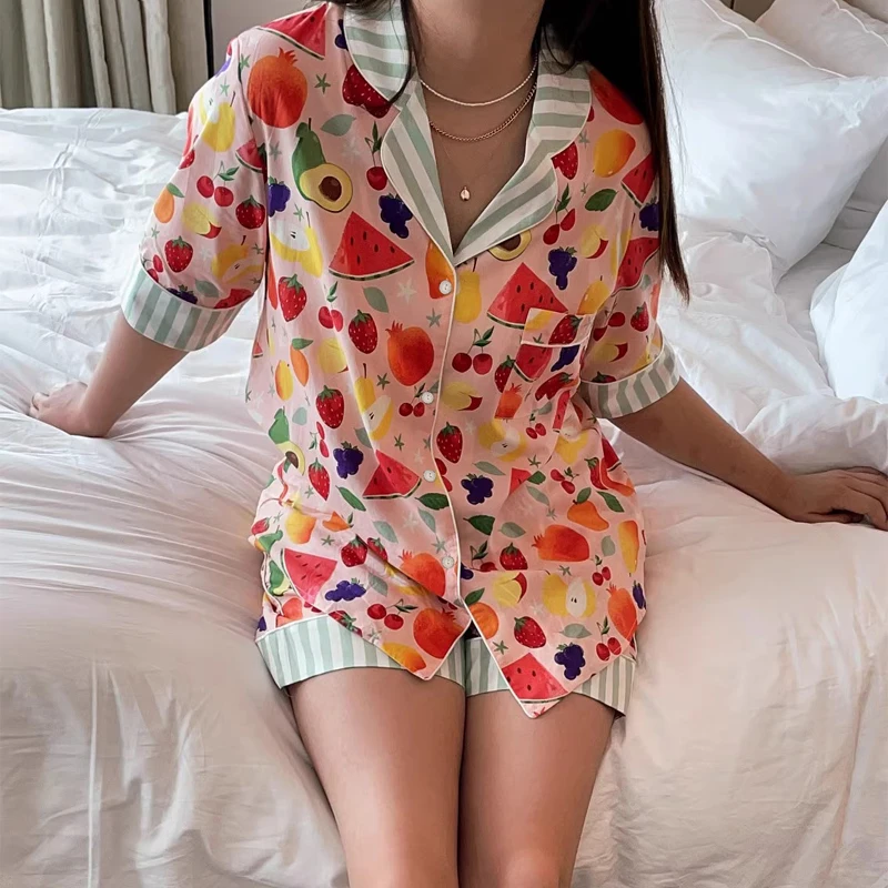 Ins Style Colorful Fruits Print Women Faux Silk Pajamas 2ps Home Set Summer Y2k Cool 2024 New Casual Loungewear Women Sleepwear