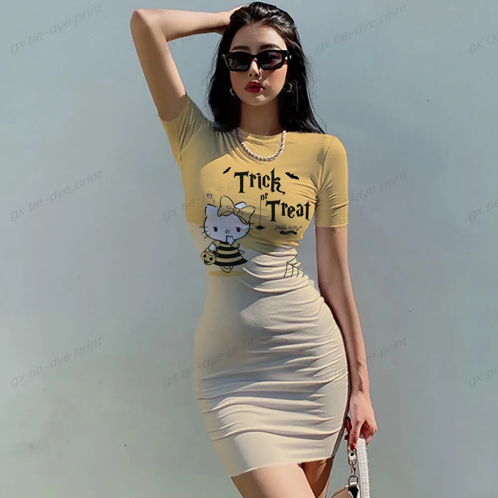 Hello Kitty 3D Print Bodycon Cami Midi Dress Boho Short Sleeve Skinny O Neck Slim Vacation Cartoon Skirt Summer Mini Dress Hot