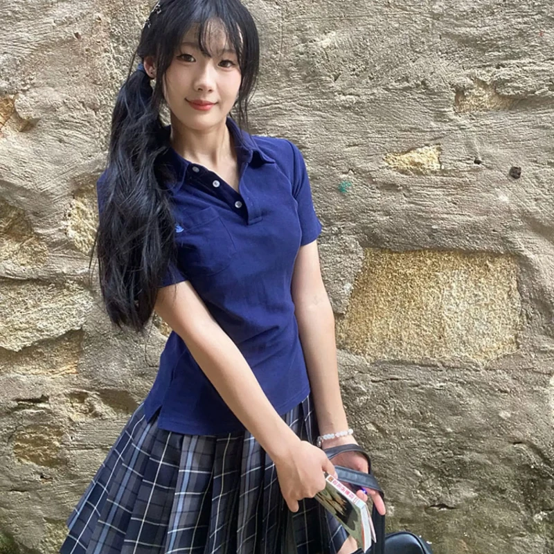 ديبتاون الأساسية المطرزة تي شيرت المرأة قصيرة الأكمام بولو طوق النمط الياباني JK تيز سليم Preppy بلون الصيف الشباب #5