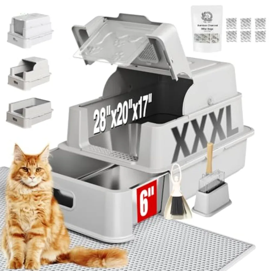 

XXXL Jumbo Drawer Stainless Steel Cat Litter Box with Lid, Flully Enclosed, 28"Lx20 Wx17 H Extra Large for Maine Coon, Big Cats