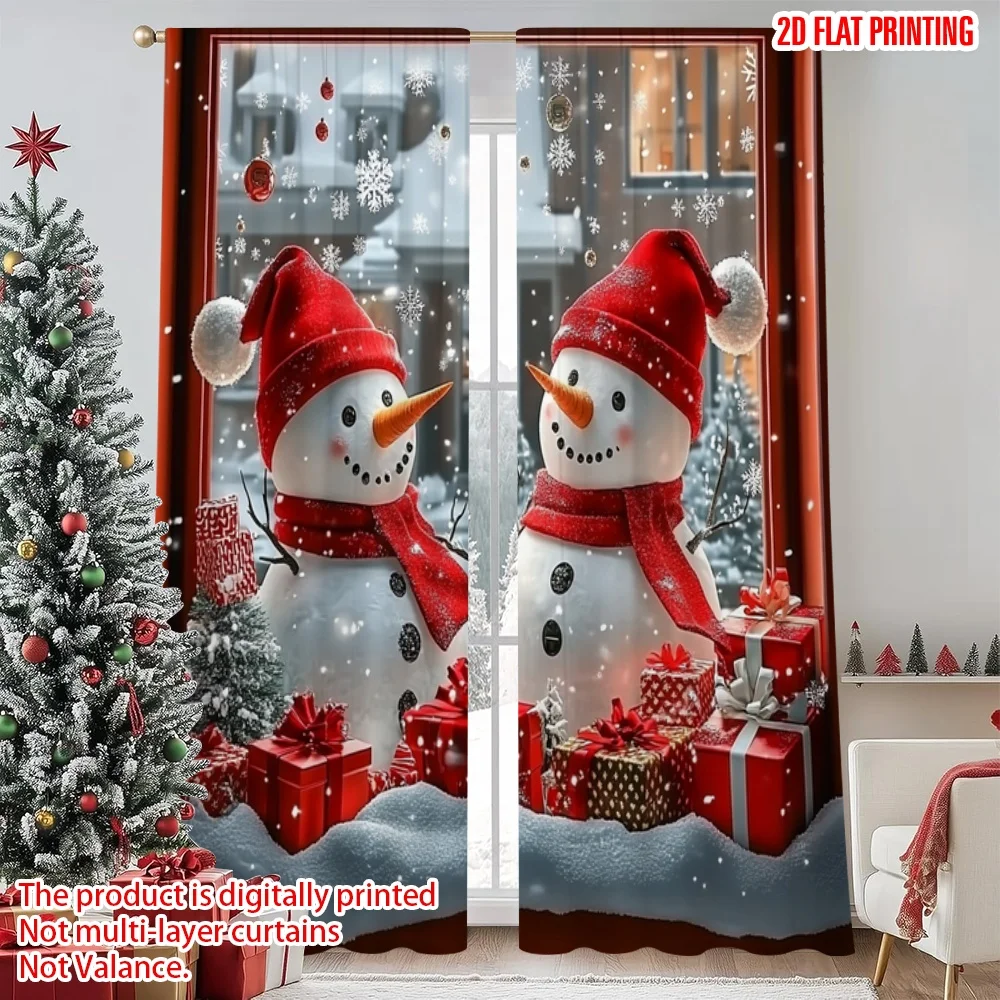 2pcs 2D flat printing Merry Christmas Curtains Snowman Christmas Digital Printed Polyester Drapes Festive Curtains for Holiday