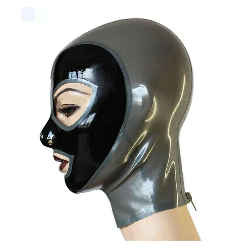 Handmade Latex Hood Rubber Mask Silver with Black Open Eye Back Zip Nose Holes Sexy Fetish Customize Size Halloween Costume