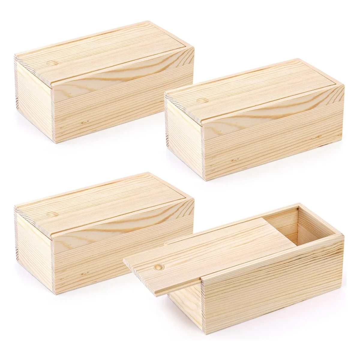 4 Pack Unfinished Wood Storage Box with Slide Lid, Vintage Keepsake Case Cards Container Small Gift Box for Art Hobbies