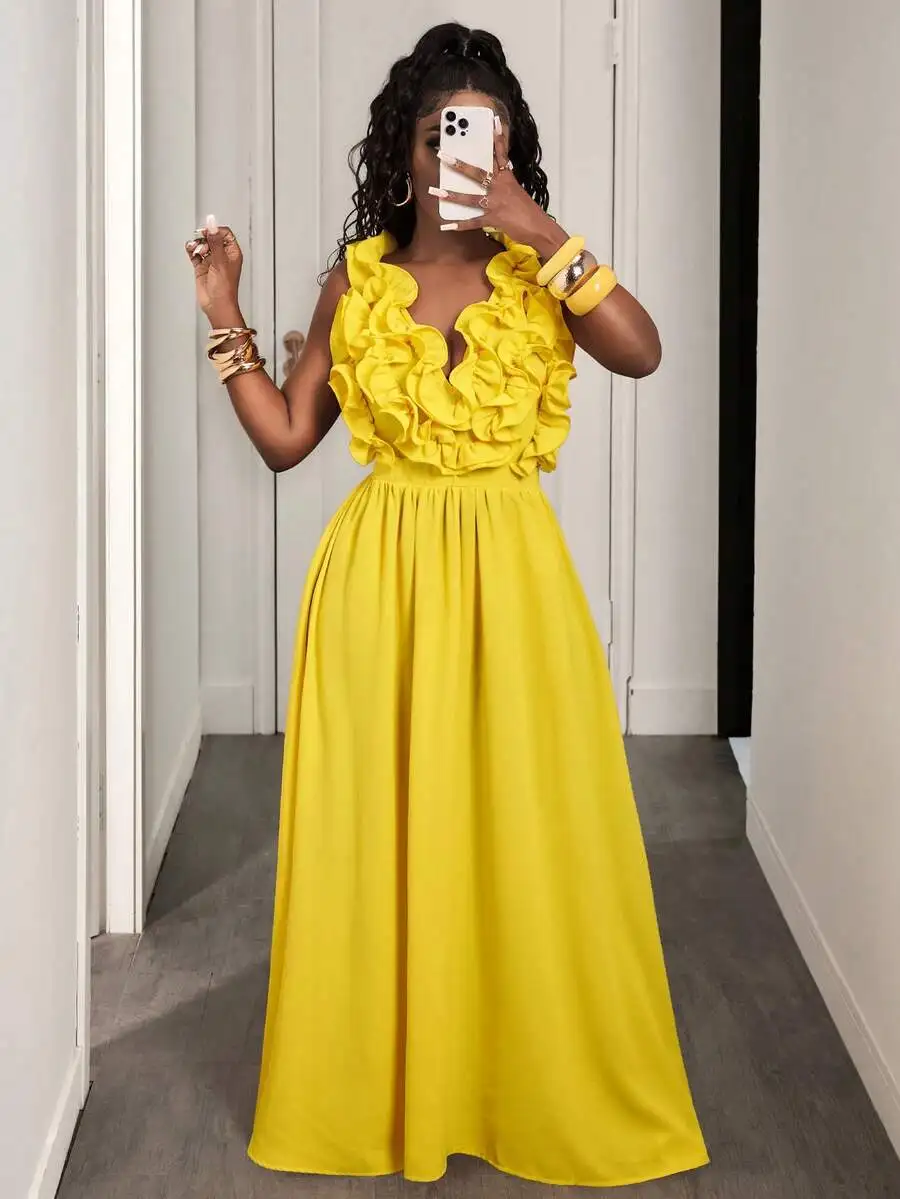 Vestido largo amarillo con cuello en V profundo y volantes para fiesta de boda en la playa