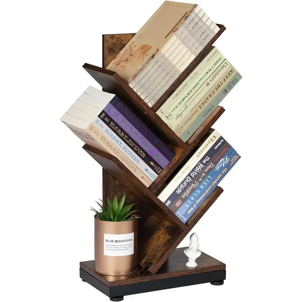 

4-Shelf Tree Bookshelf, 24.1-Inch Retro Floor Standing Bookcase Display for CDs/Magazine/Books, Small ,Brown Storage Shelves