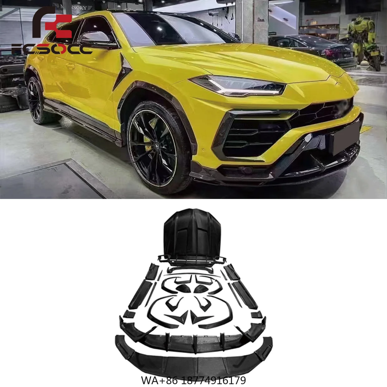 

Fiberglass Body Kit for rghini Urus 2018+ Hood Canard Rear Spoiler Side Skirt Front Lip Bumper Car Auto Parts