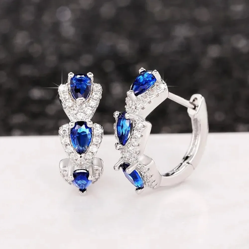 925 Sterling Silver Luxury Trendy Blue Cubic Zirconia Hoop Earrings Wedding Party Elegant Accessories for Women Jewelry Gift image 6