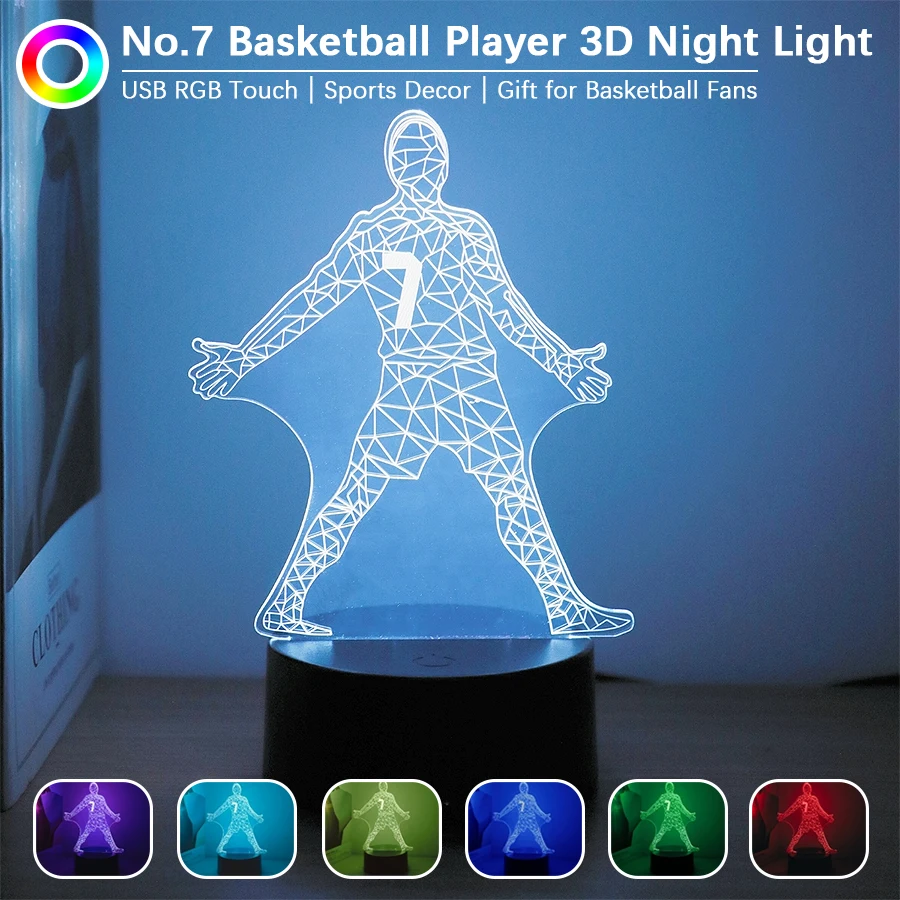 1pcNo.7 Basketball Player 3D Acrylic Night Light USB RGB Touch LED Lamp Sports Decor Gift for Basketball Fans Boys Desktop Decor