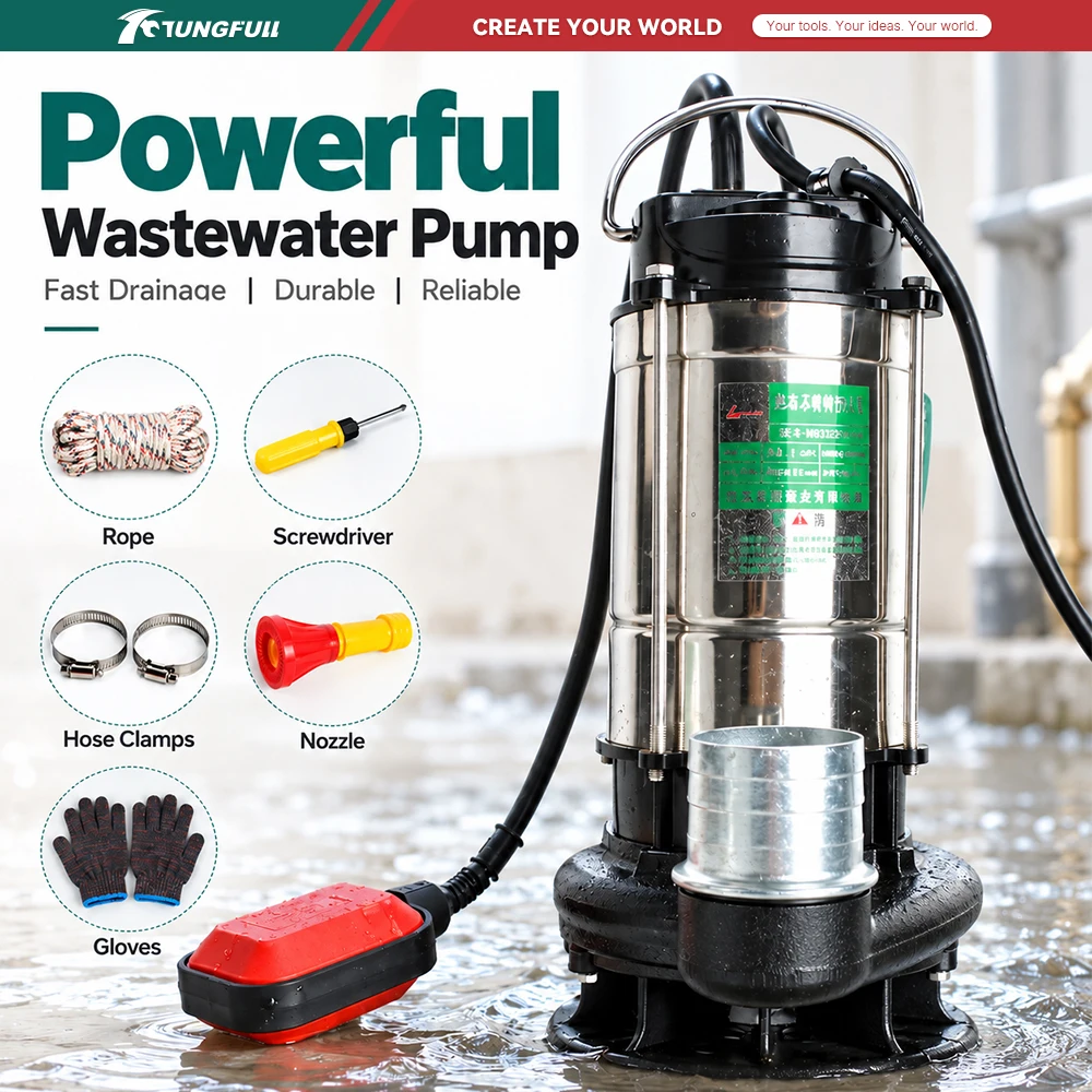 Submersible Dirty Water Pump 220V Stainless Steel Sewage Sump Pump With Float Switch Farm Irrigation Basement Flood Drainage