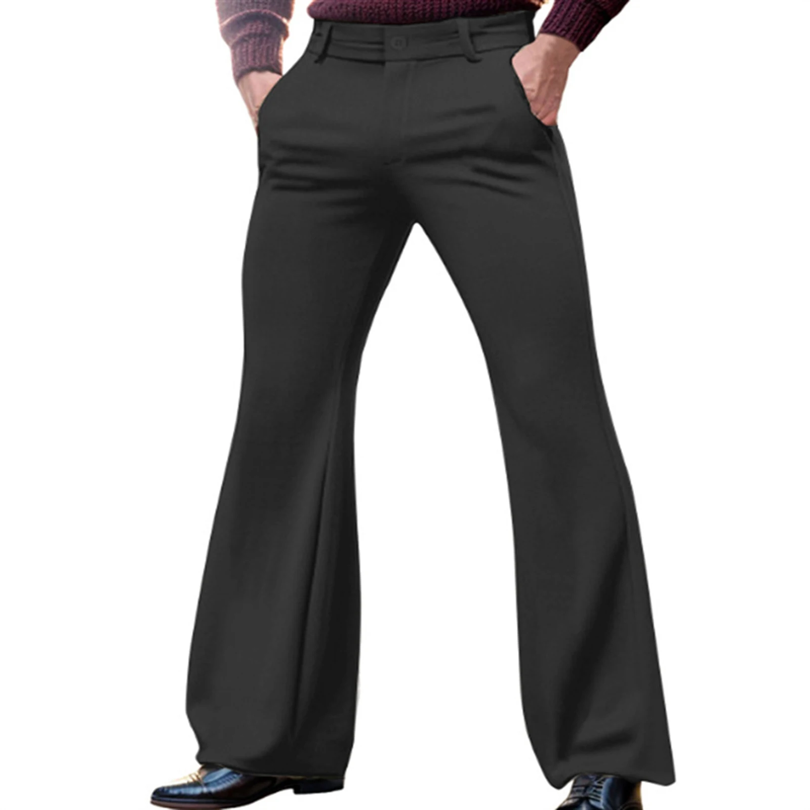 Men s Casual Strench Flare Pants Solid Color Mid Rise  Fit Trousers with Pockets