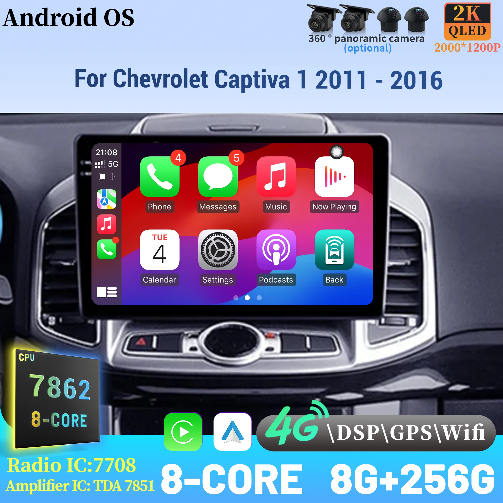 

For Chevrolet Captiva 1 2011 - 2016 Wireless BT CarPlay Android 14 Radio Car Multimedia Player Touch 2K QLED Screen