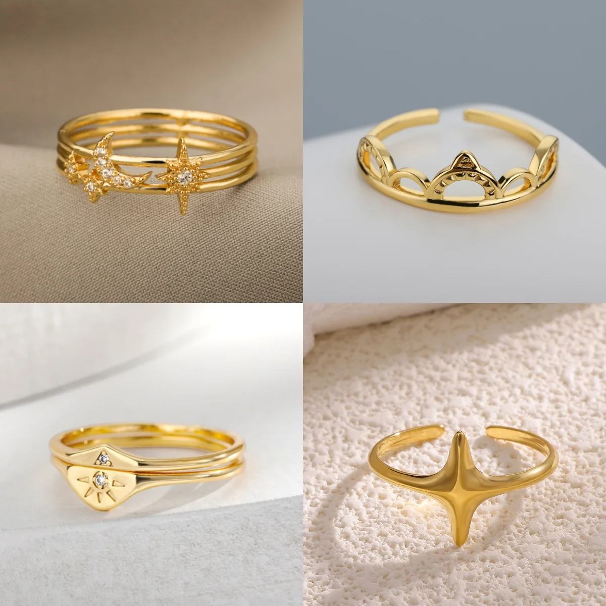 Vintage Mond- und Stern-Damenringe aus Edelstahl in Goldfarbe, Kronen-Schmuckring als Geschenk