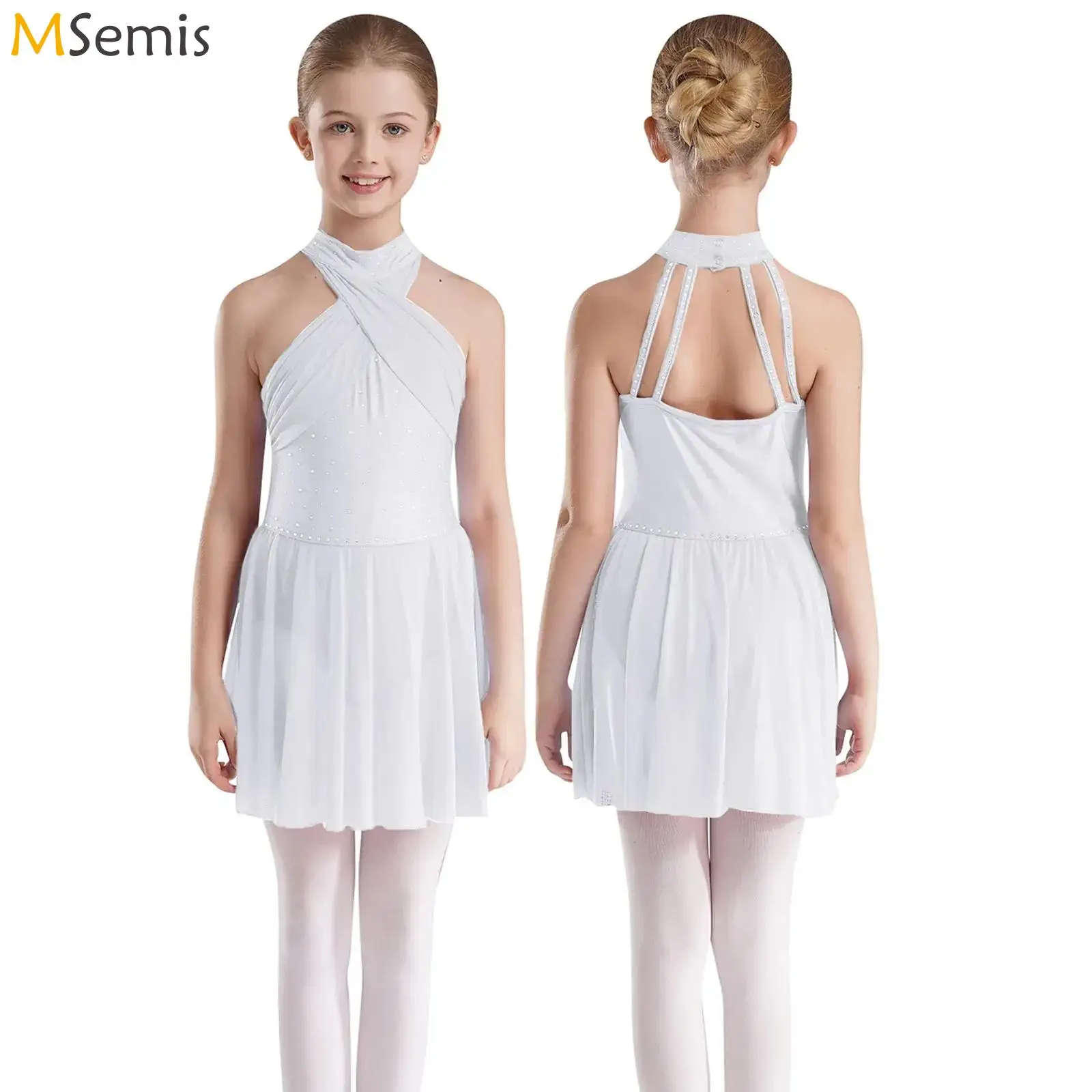 

Kids Girls Rhinestone Ballet Lyrical Dress Gymnatics Figure Skating Costume Sleeveless Backless Ballerina Tutu Dress Dancewear