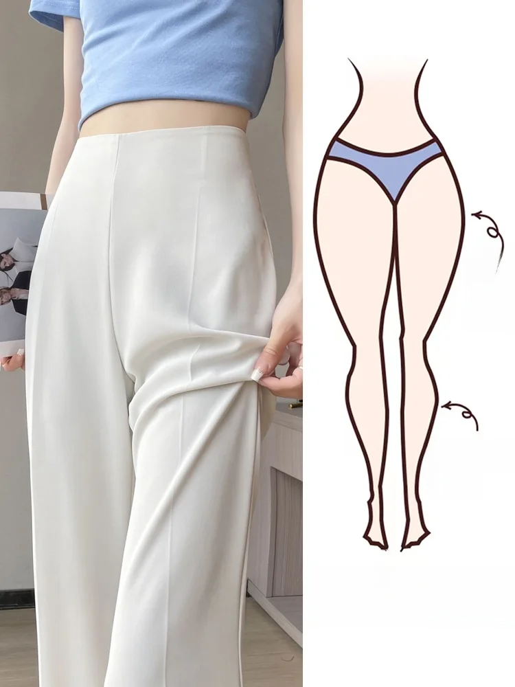 여름 와이드 레그 수트 팬츠 여성용 바닥 길이 바지 비대칭 하이웨이스트 쉬폰 슬림 핏 화이트 벨 바텀