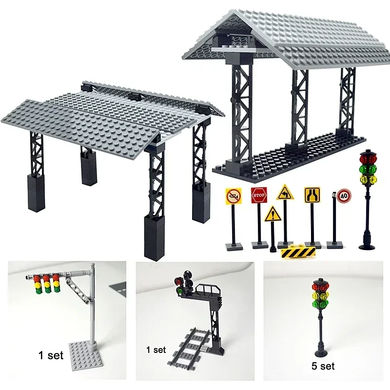 古典的な都市のレンガ車のビルディングブロック、駅、バスストップ、ミニサイン、信号灯、道路信号機、駅モデル