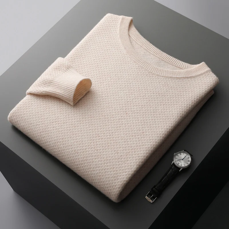 Men\'s Pure Wool Sweater Pullover Round Neck Long Sleeve Loose Husiness Casual Knitted Sweater Color Matching Autumn Winter Style