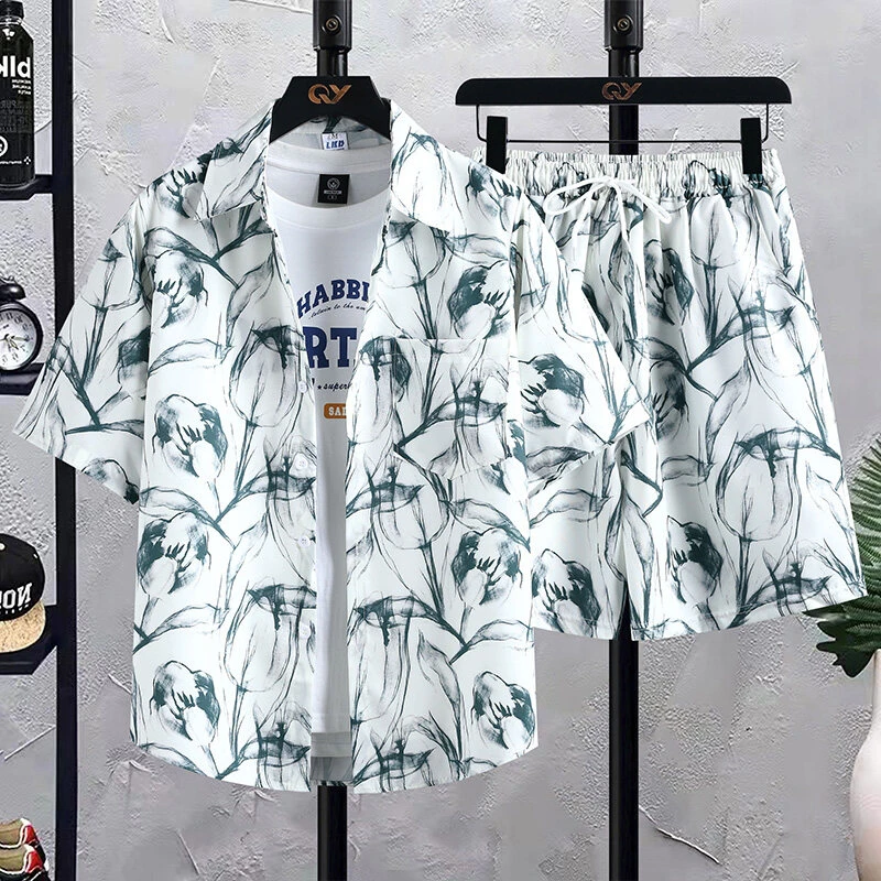 Men's Plant Print Set Single Breasted Short Sleeved Hawaiian Beach Shirt And Shorts Casual Summer Vacation Travel Set