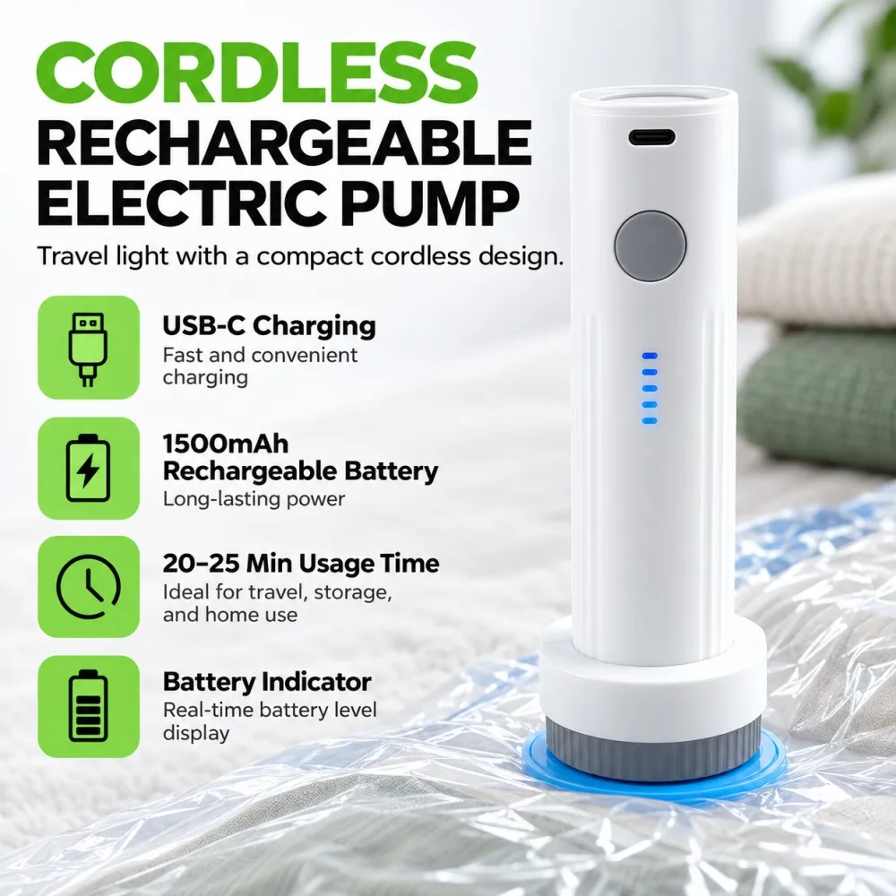 Rechargeable Electric Vacuum Pump Low Noise Portable Compressed Bag Air Pump Lightweight Mini Vacuum Bag Suction Pump Travel