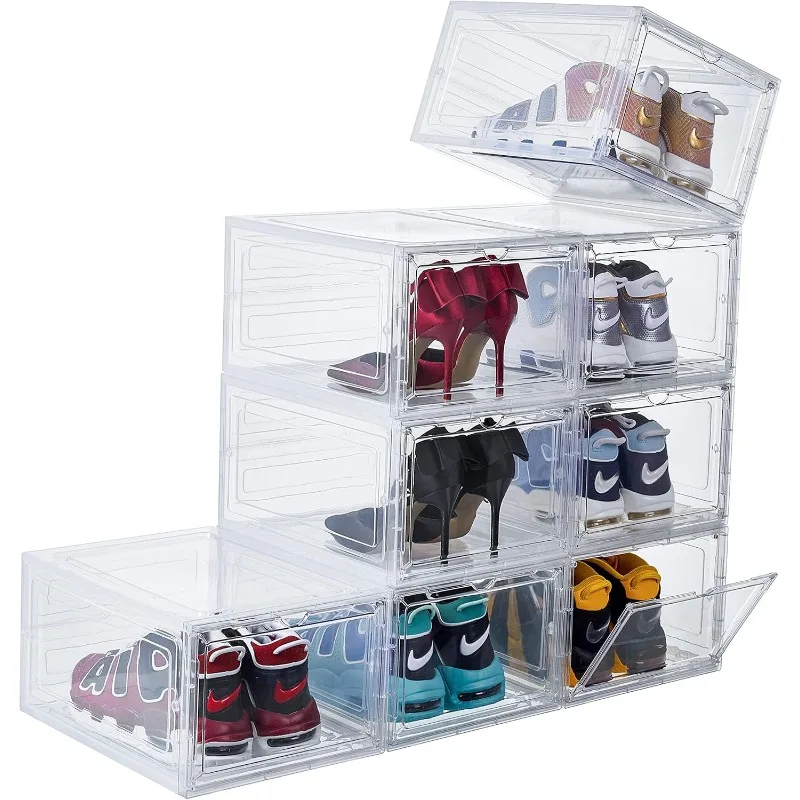 Upgrade 8 Pack X-Large Shoe Storage Boxes with Clear Magnetic Doors Stackable Shoe Organizer with Solid Plastic Drop Front Shoe