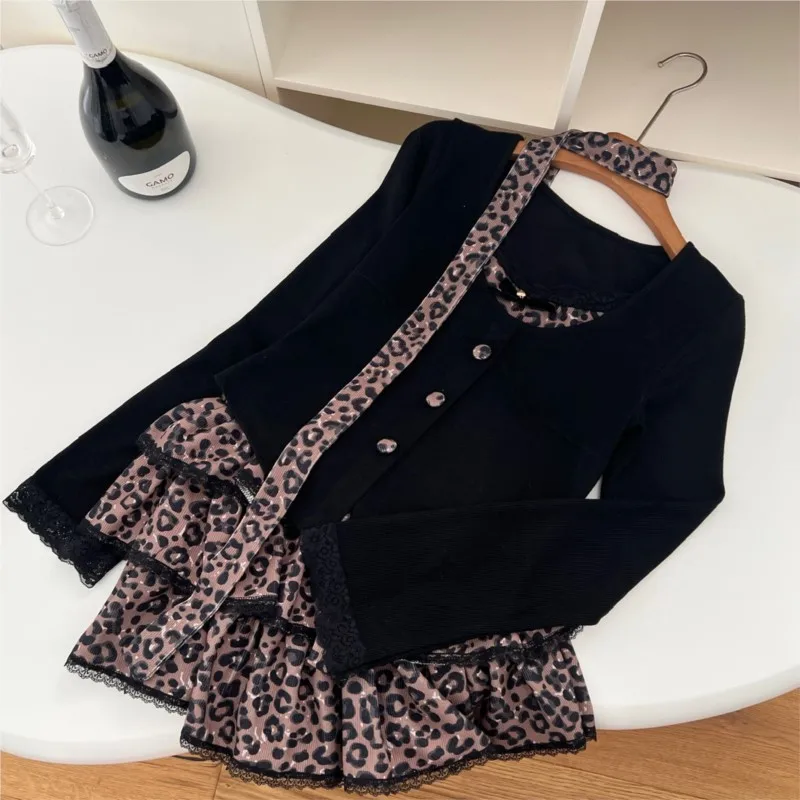 Sexy Y2K Two-piece Set Women Long Sleeve Lace Patchwork Top Leopar Printed Mini Cake Skirt Korean Fashion Sexy Autumn Outfits