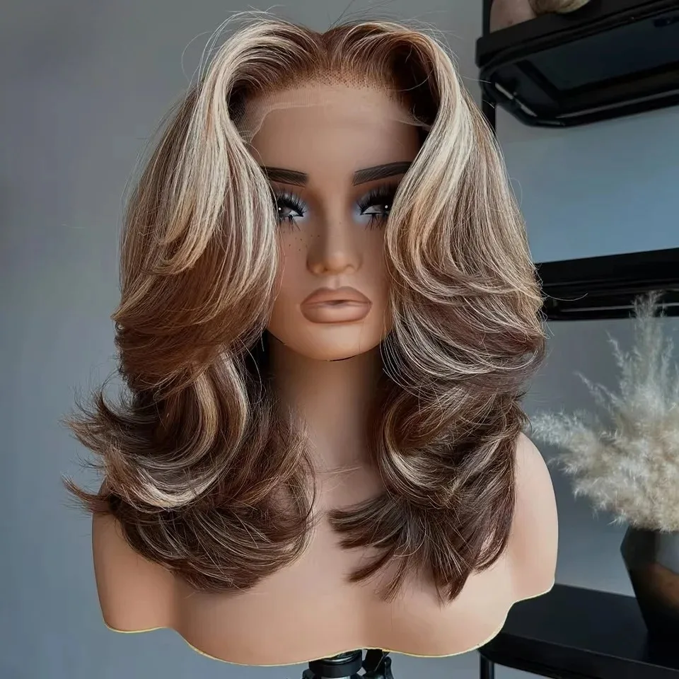 Short Layered Body Wave Synthetic Lace Front Wig 13X4 Preplucked Glueless Wear And Go Wig P4/27 Brown With Blonde Highlights