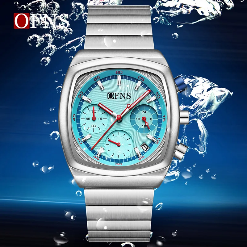 

OFNS 1525. Модные и досуговые кварцевые часы со стальной полосой, хронограф, календарь, светящиеся водонепроницаемые квадратные часы для мужчин.
