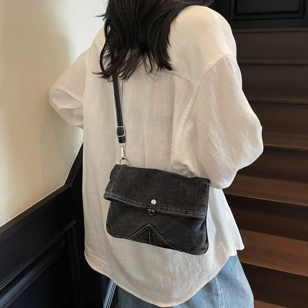 

Y2K Washed Denim Canvas Bag Street Style Messenger Bag Vintage Handbag Large Capacity Solid Color Solid Crossbody Bag Outdoor