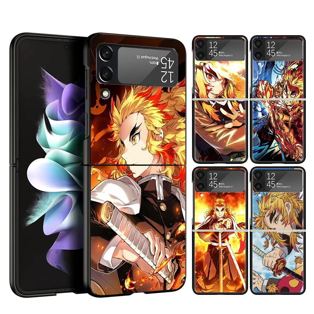 Demon Slayer Rengoku Kyoujurou Case Phone Cover for Samsung Galaxy Z Flip 6 5 4 3 5G ZFlip6 ZFlip5 ZFlip4 ZFlip3 Black Hard Tren