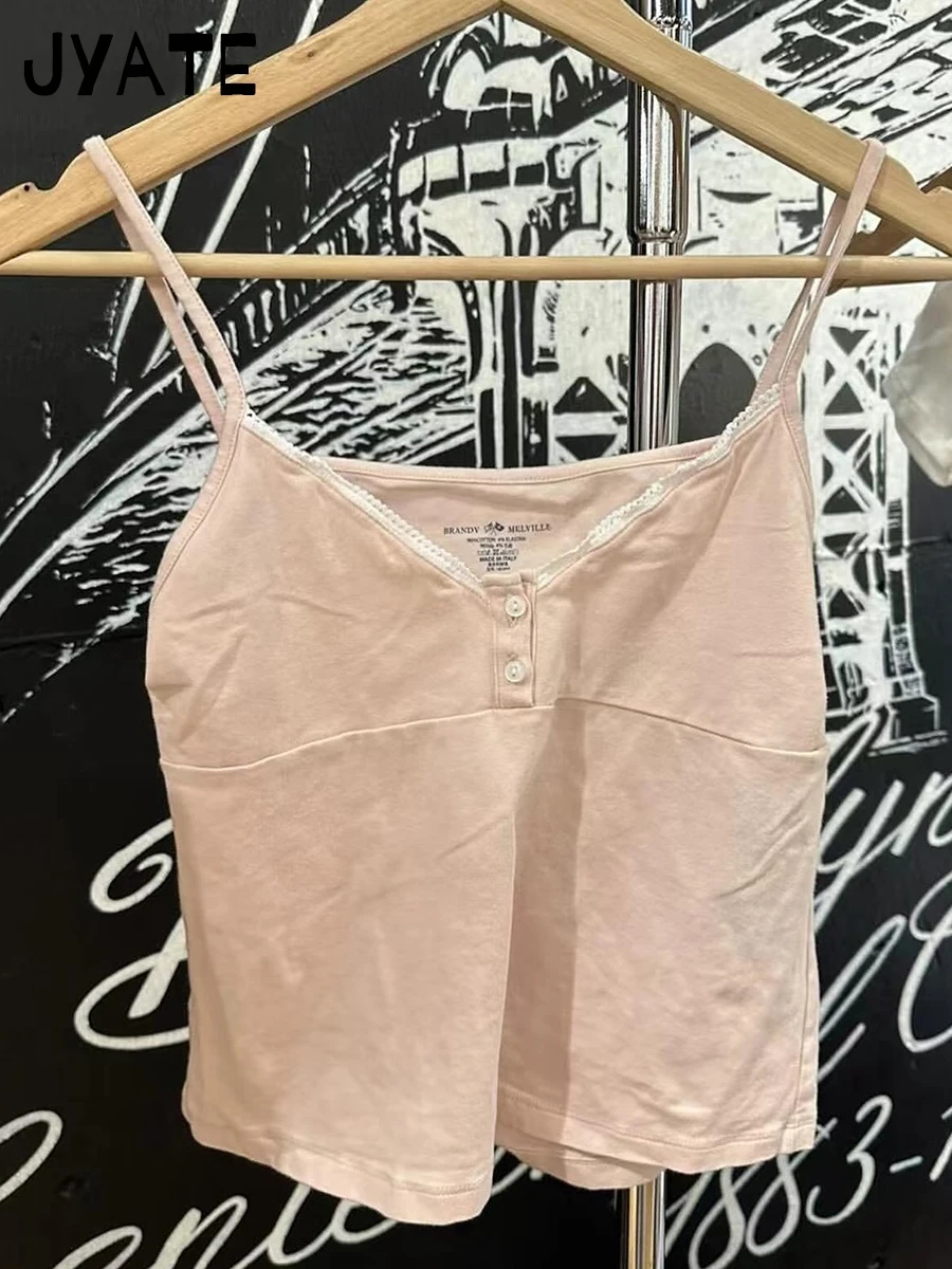 Sweet Cute Pink Buttons Tank Tops Women New Cotton Casual Slim Lace Trim Sleeveless Vests Female Vintage Simple Chic Camis Y2K