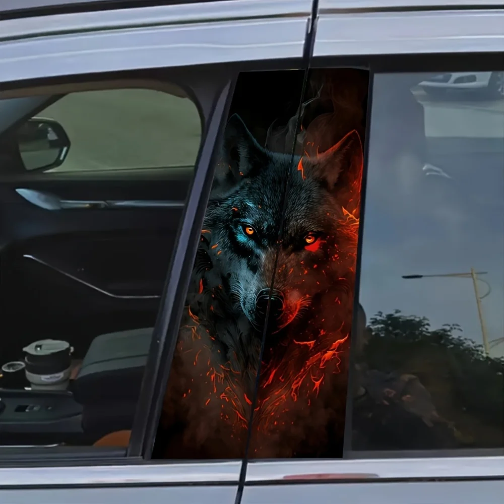 

2pcs Flame Wolf King Car B-pillar Decal Self-Adhesive Semi-Matte Waterproof Easy To Paste Suitable for Glass and Metal Surfaces