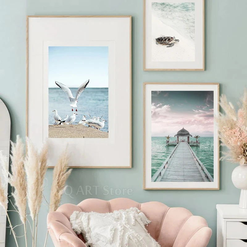 1pc Frameless Nordic Beach Sea Ocean Canvas Wall Art Poster Bridge Leaves Turtle Seagull Print Vibrant Summer Picture Action