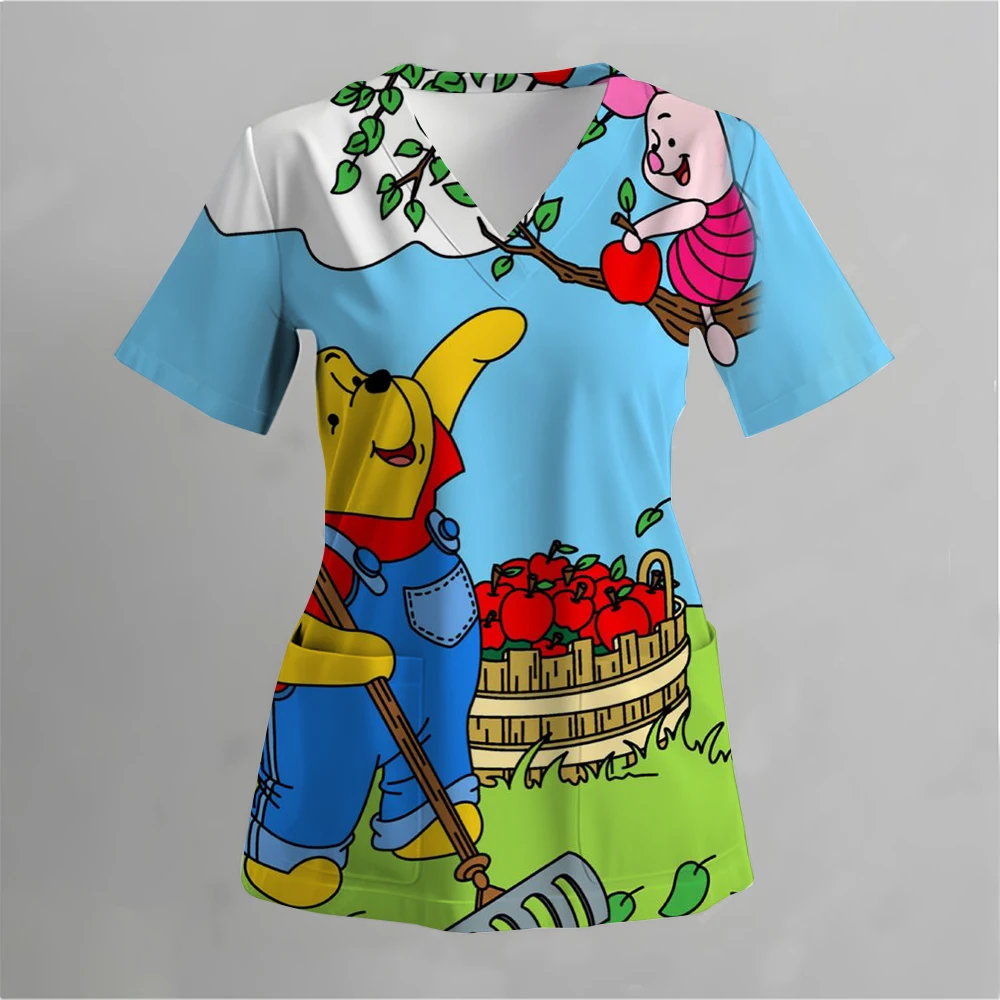 Cartoon Disney Winnie the Pooh Printed Pattern Women's Nurse Uniform V-neck Pocket Kawaii Cute T-shirt Top Simple andFashionable