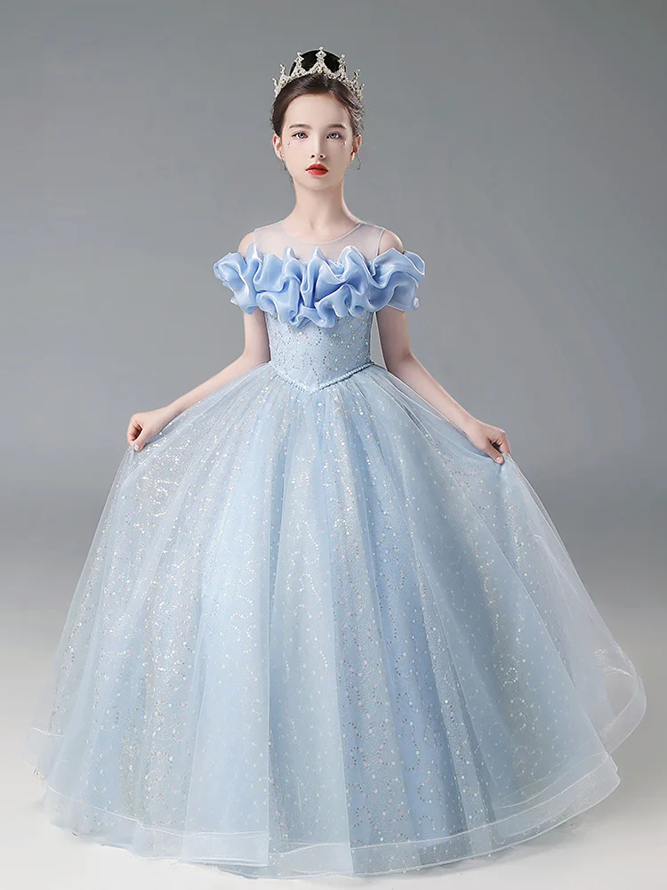 

Girls dress princess dress sky blue floor-length A-line dress round neck sleeveless children's little host piano competition per