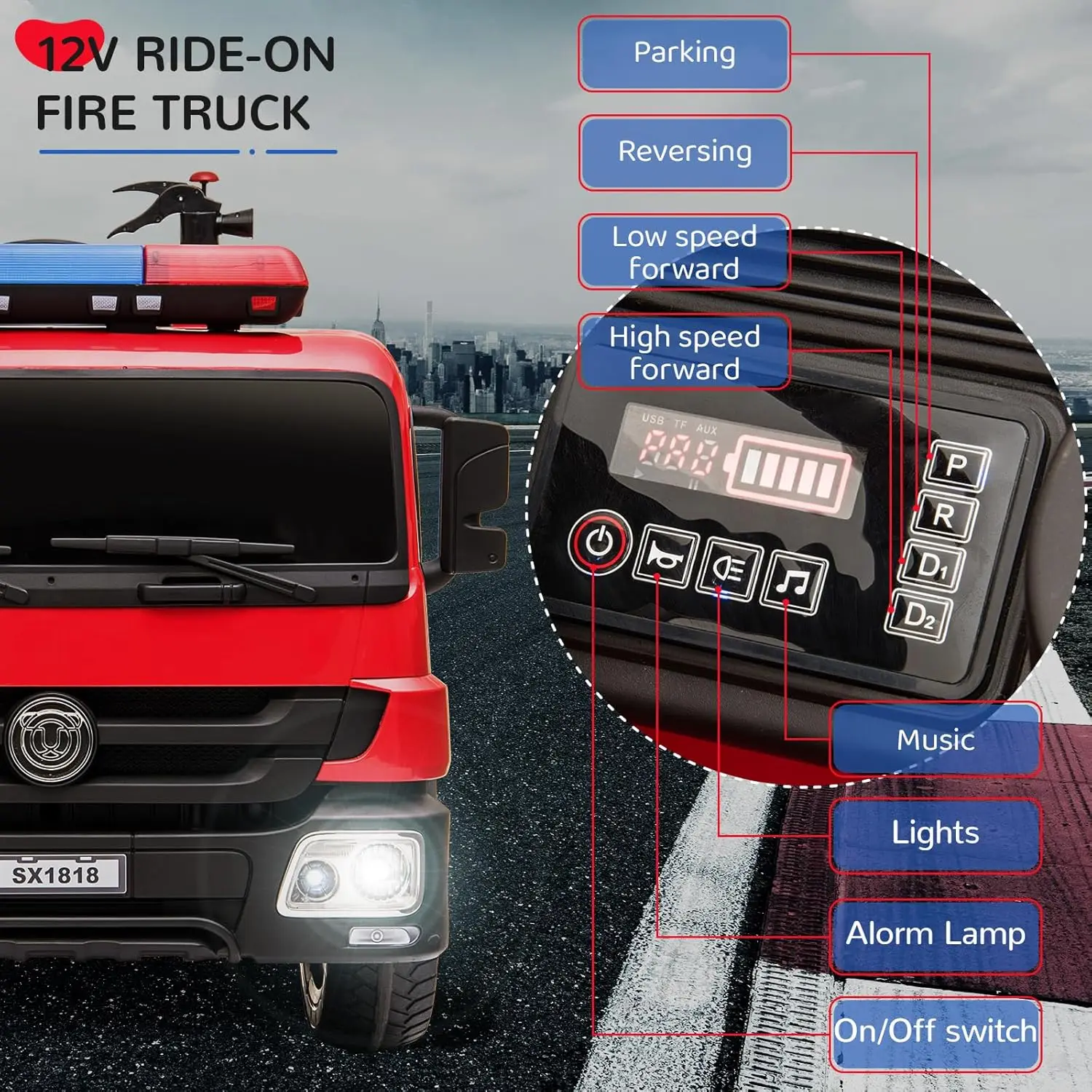 12-V-Fahrt auf Feuerwehrauto, Elektrofahrzeug für Kinder, batteriebetriebenes Autospielzeug mit Fernbedienung, motorisiertes Fahrauto mit elektrischer Steuerung, Simulation