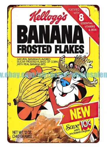 1980s Banana Frosted Flakes cereal breakfast metal tin sign home and decor