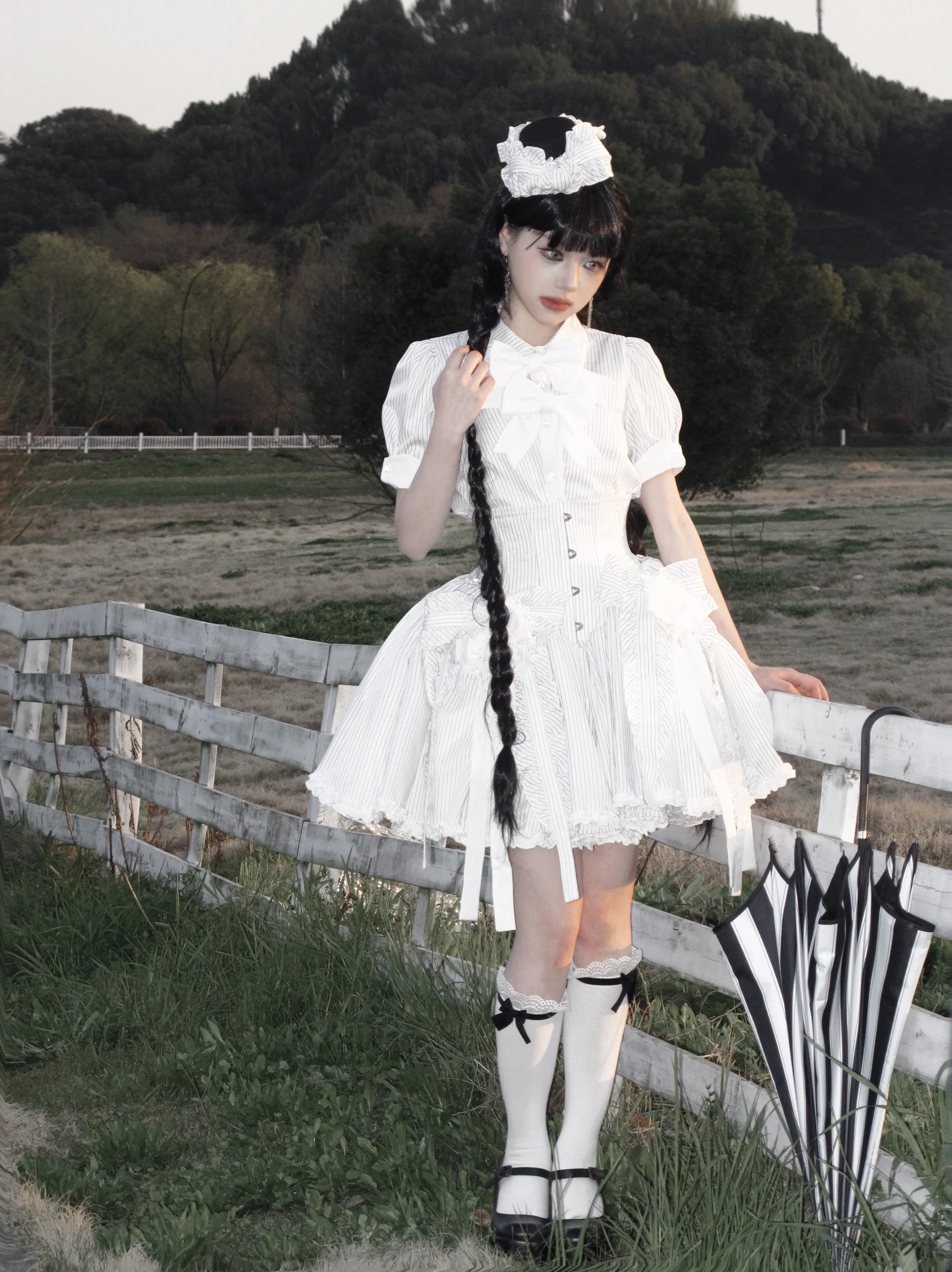 Black Gothic Subculture Dark Striped Short Sleeve Shirt Summer New Women's Slim Fit Retro Elegant Blouses Cake Skirt Cos Costume