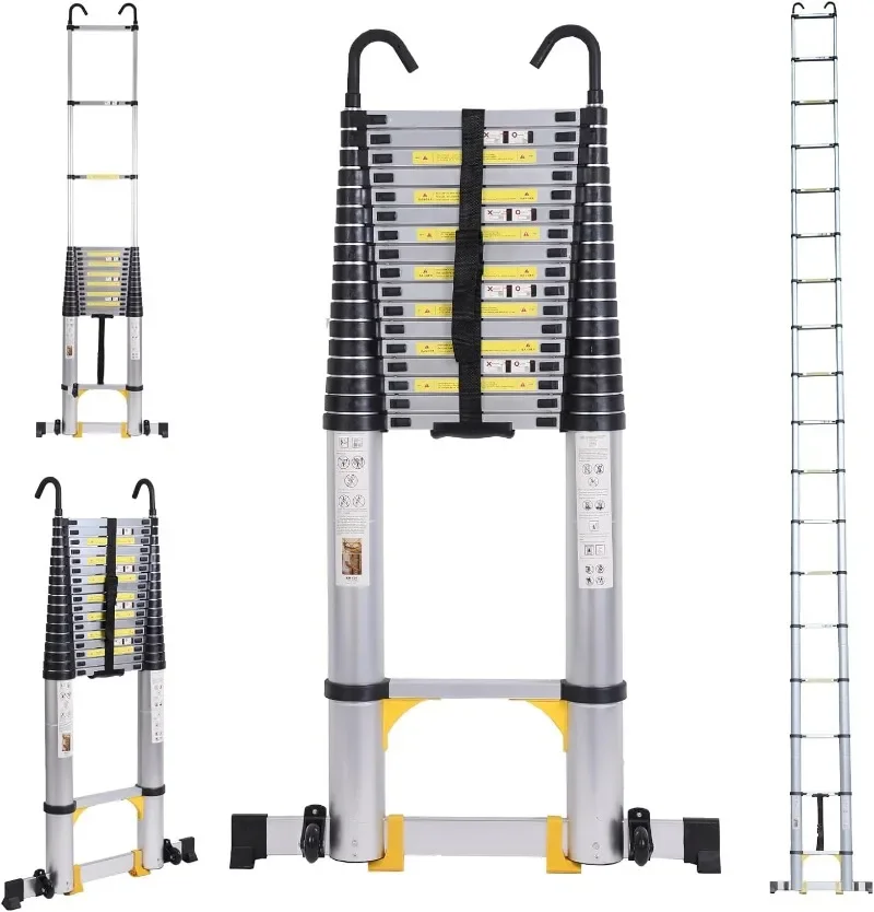 26.2FT Aluminum Homeuse Extension Ladder Folding Telescoping Ladder with Stabilizer Bar Wheels and Hooks