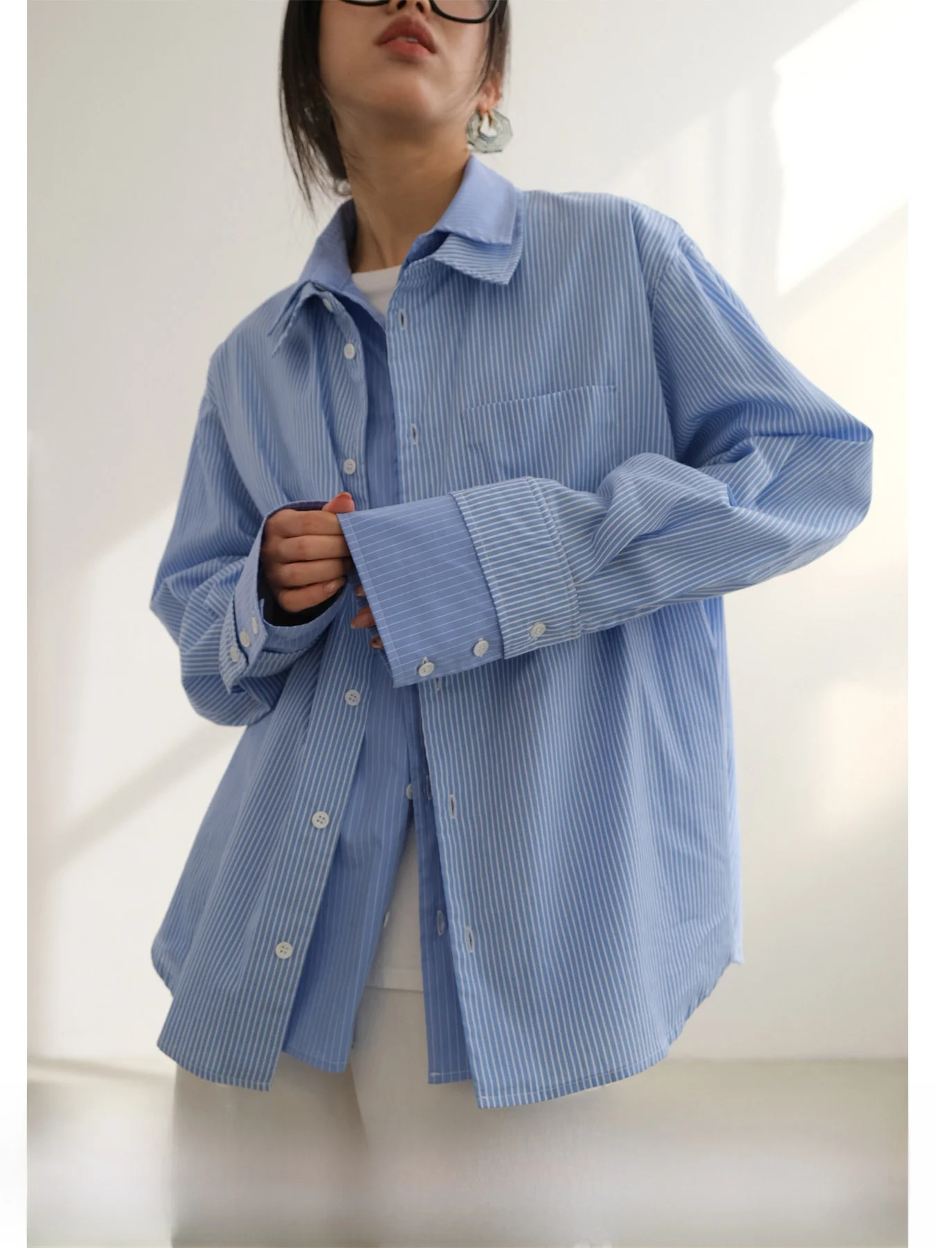 

Blue Pure Cotton Striped Shirt Double Layered Loose Fit Design Casual Commute Style Long Sleeve Breathable Women's Fashion