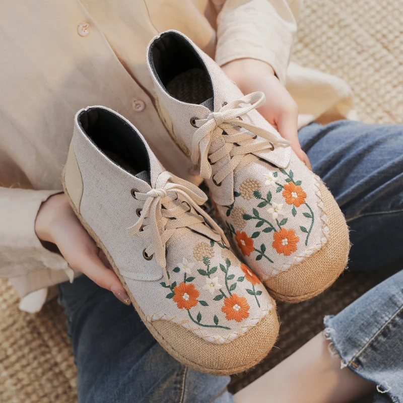 Casual Woman Shoes Round Toe Espadrilles Flats Embroidery Flower Lace-up High Top Trend Canvas Ladies Footwear Zapatillas Mujer