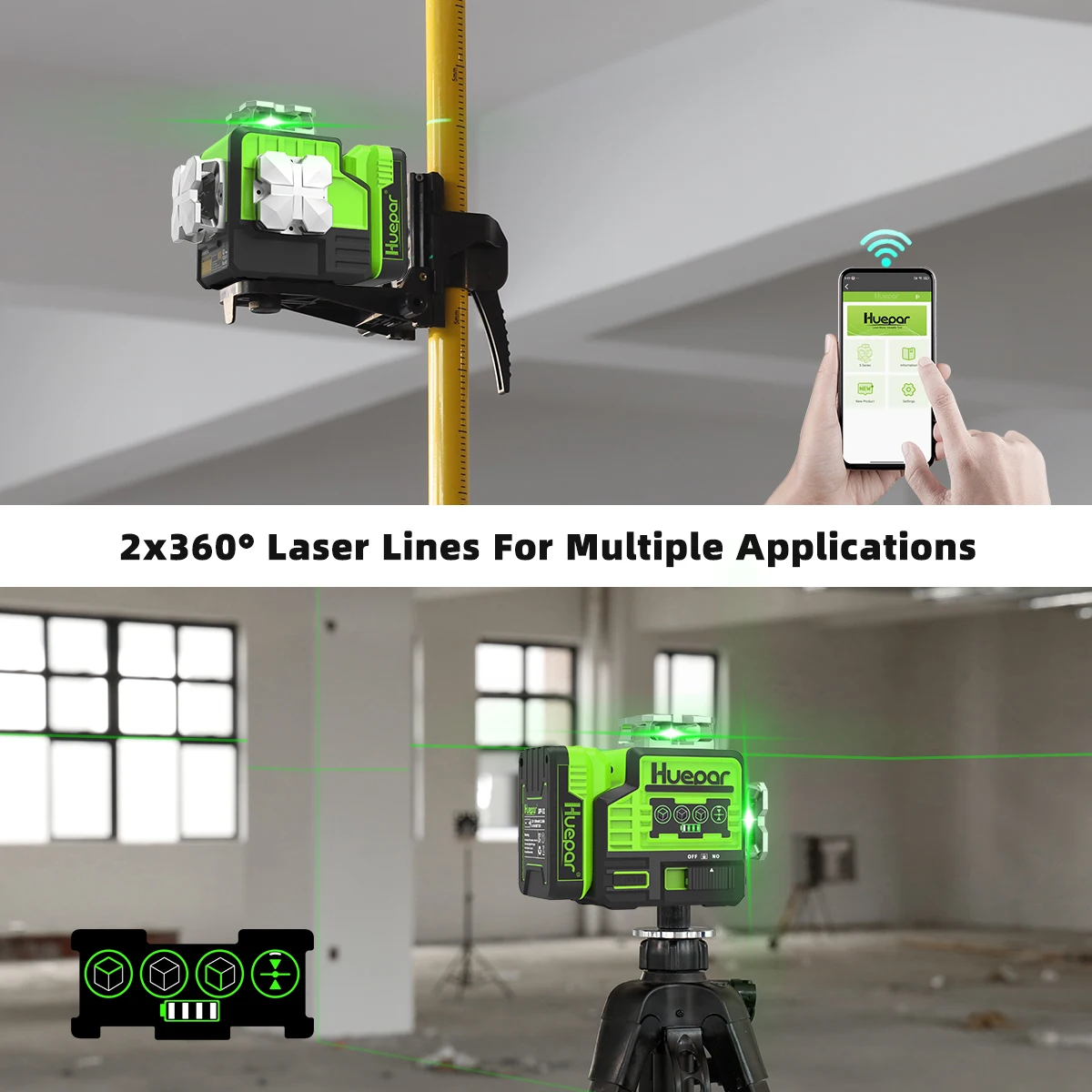 Huepar 2 x 360 Cross Line Laser Level Self-leveling Green Beams Level Tools with Bluetooth & Remote Control & Hard Carry Case