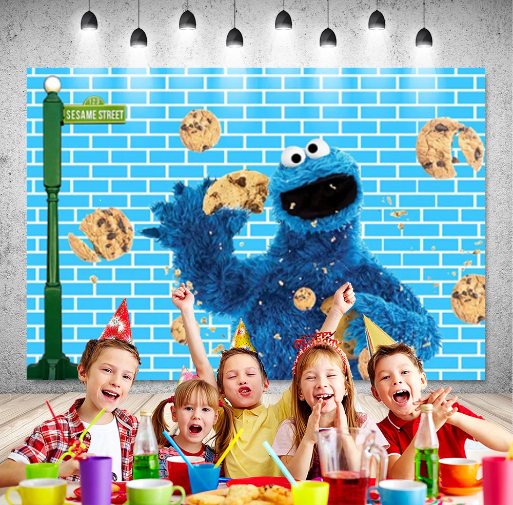 DIXSG Cookie Monsters Photography Backdrop Sesame Street Birthday Baby Shower Banner Background Blue Glitters Photo Studio Props