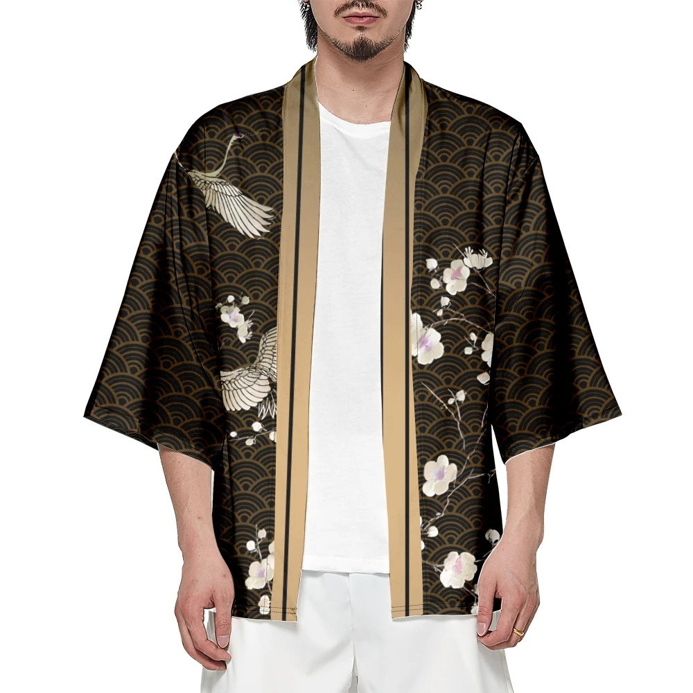 الصيف اليابانية الأزياء الرجعية كرين اللوحة كيمونو الشارع الشهير سترة رداء النساء الرجال Haori أعلى يوكاتا