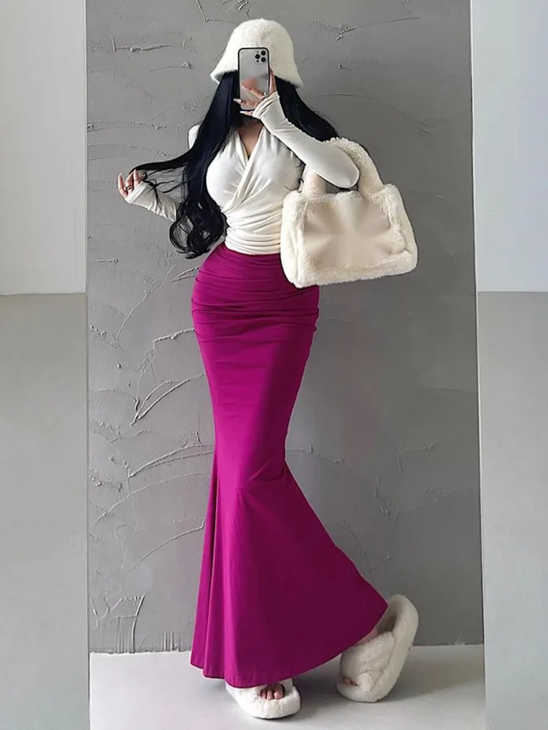 

Sexy High Waist Pleated Slim Elastic Fishtail Skirt Half Length Long Skirt Streetwear Fashion Korean Women Sweet 2024 New R9UD