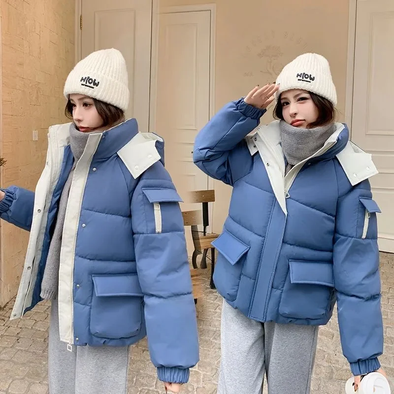 

Down Jacket Parkas Winter 2025New Korean Loose Warm Cotton Padded Coat Short Hooded Outwear Bread Overwear Ladies Cotton Jackets